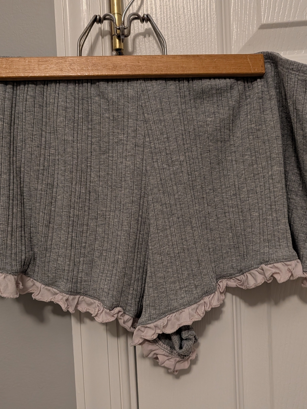 Victoria's Secret Gray Ribbed Lounge Shorts with Pink Ruffle Hem